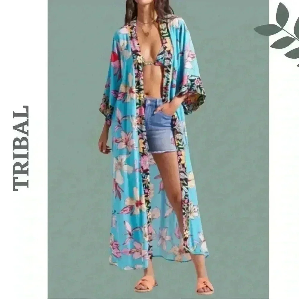 Tribal XIX Palms Duster Honolulu Size S/M Turquoise Floral Print